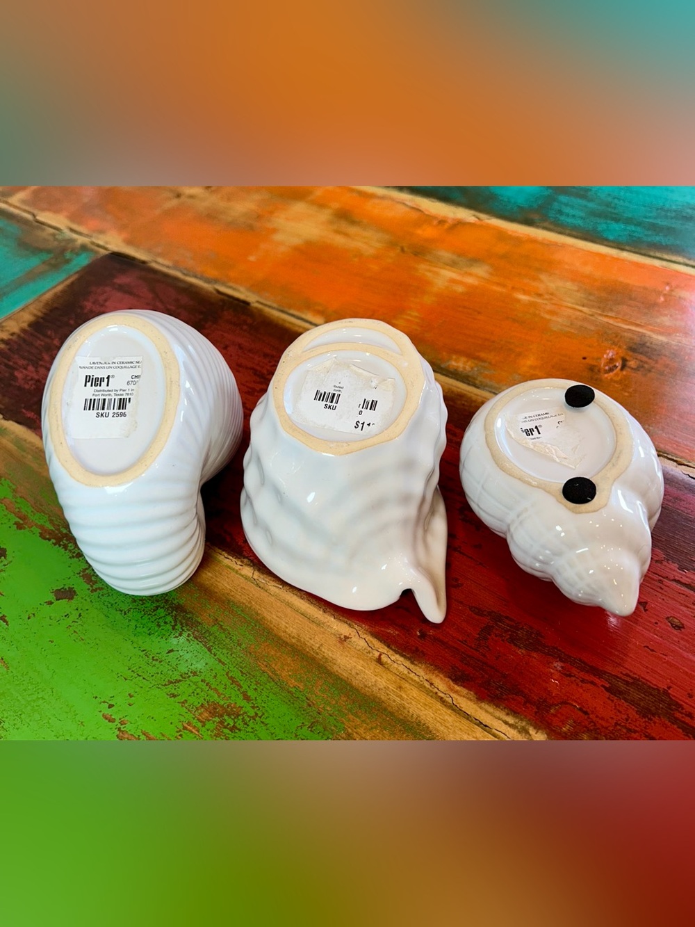 Vintage Pier 1 White Ceramic Seashell Planter Trio Set of 3 Conch Nautilus - Picture 6 of 13